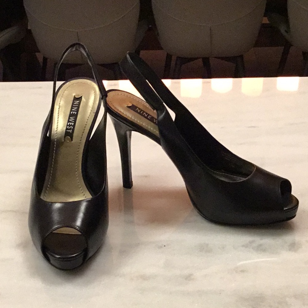 Nine West black leather platform, sling back, peep toe, heels